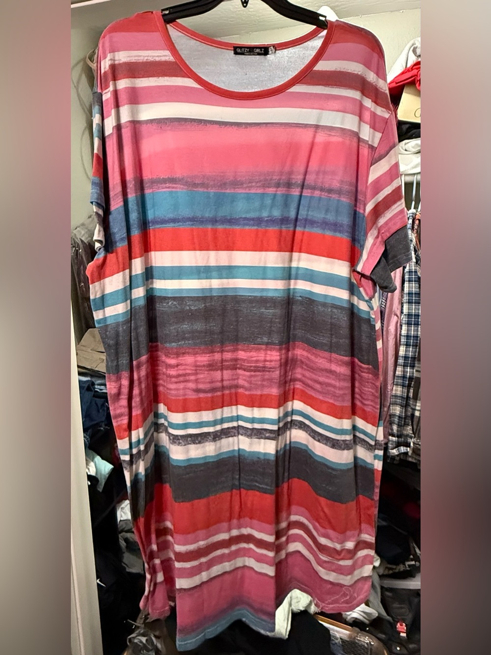 Glitz Girl Relaxed Short Sleeve Striped Dress in Pink & Blue